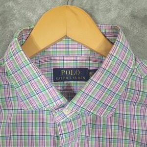 Polo Ralph Lauren Mens Button Up Dress Shirt Plaid Pink Green Blue Size 16.5 42